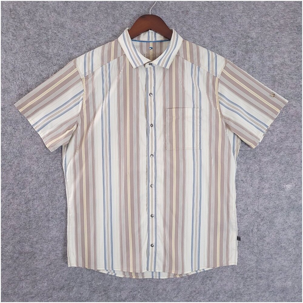 KUHL Intriguer Sahara Sun Stripe Snap Button SS Shirt Medium UPF 50+ Stretch